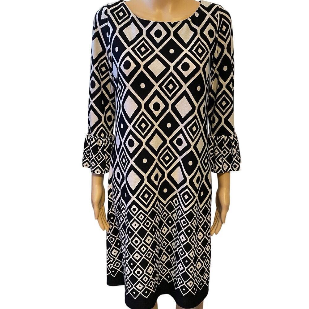 Danny and Nicole Shift Dress Size 8/M Black White Geometric Bell Sleeve Career